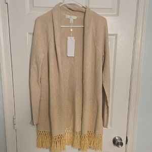Lilly Pulitzer Beige Open-Front Cardigan with Yellow Fringe Trim